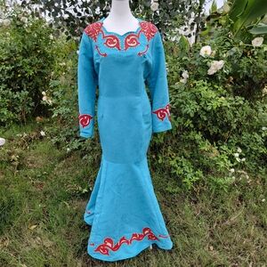 Elegant Long Sleeve Blue Dress with Red Accents